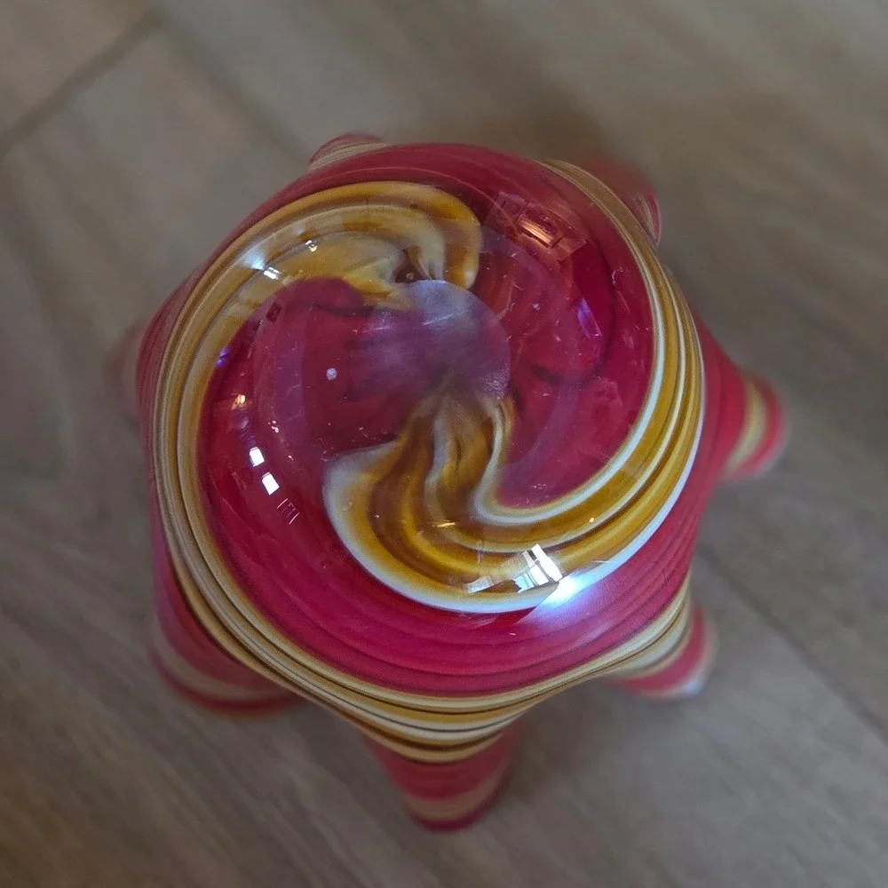 MCM Red Amber‎ Swirl Hand Blown Art Glass Handkerchief Ruffled Centerpiece Bowl